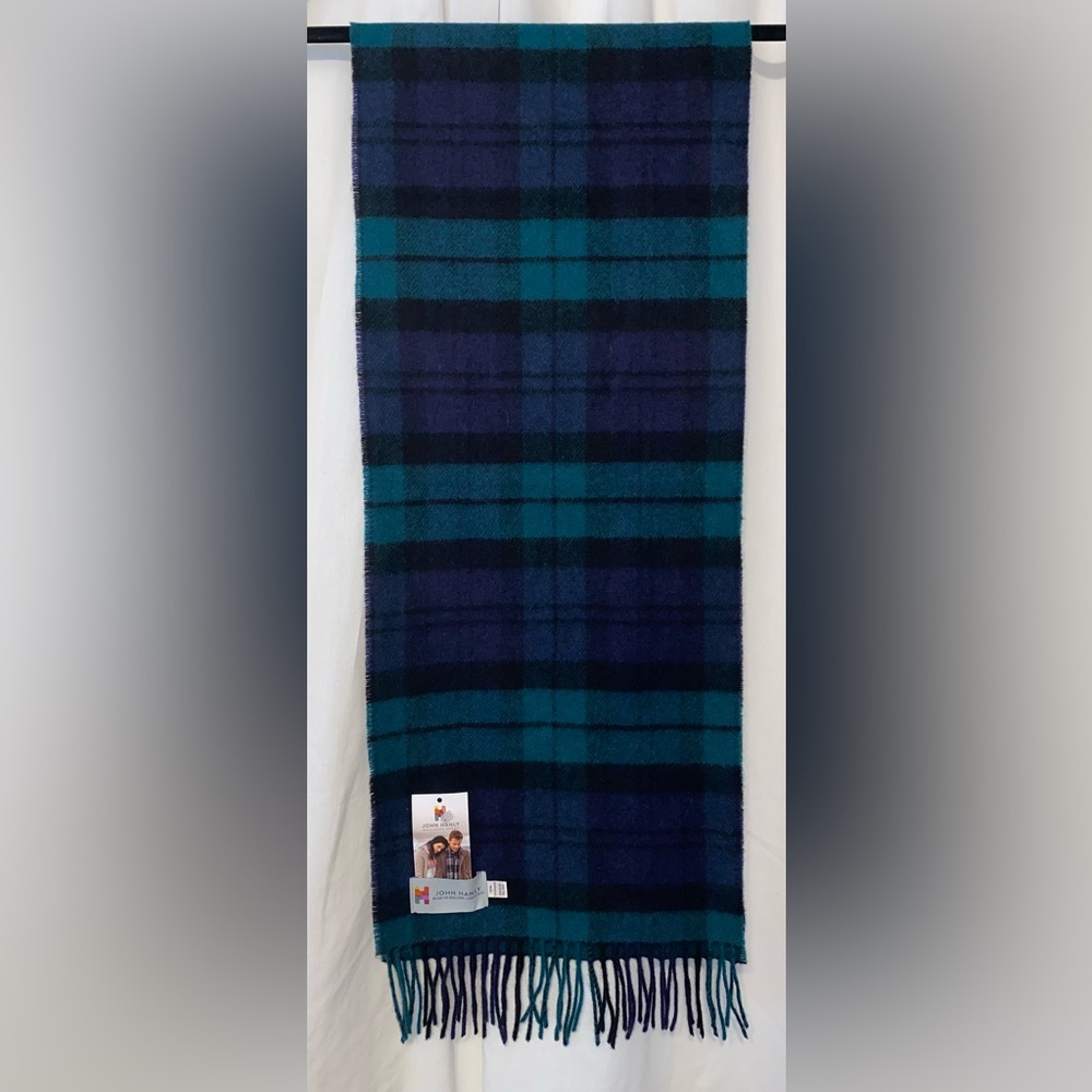 John Hanly Irish 100% Lambswool Blackwatch Plaid Fringed Scarf 12" x 64" NWT